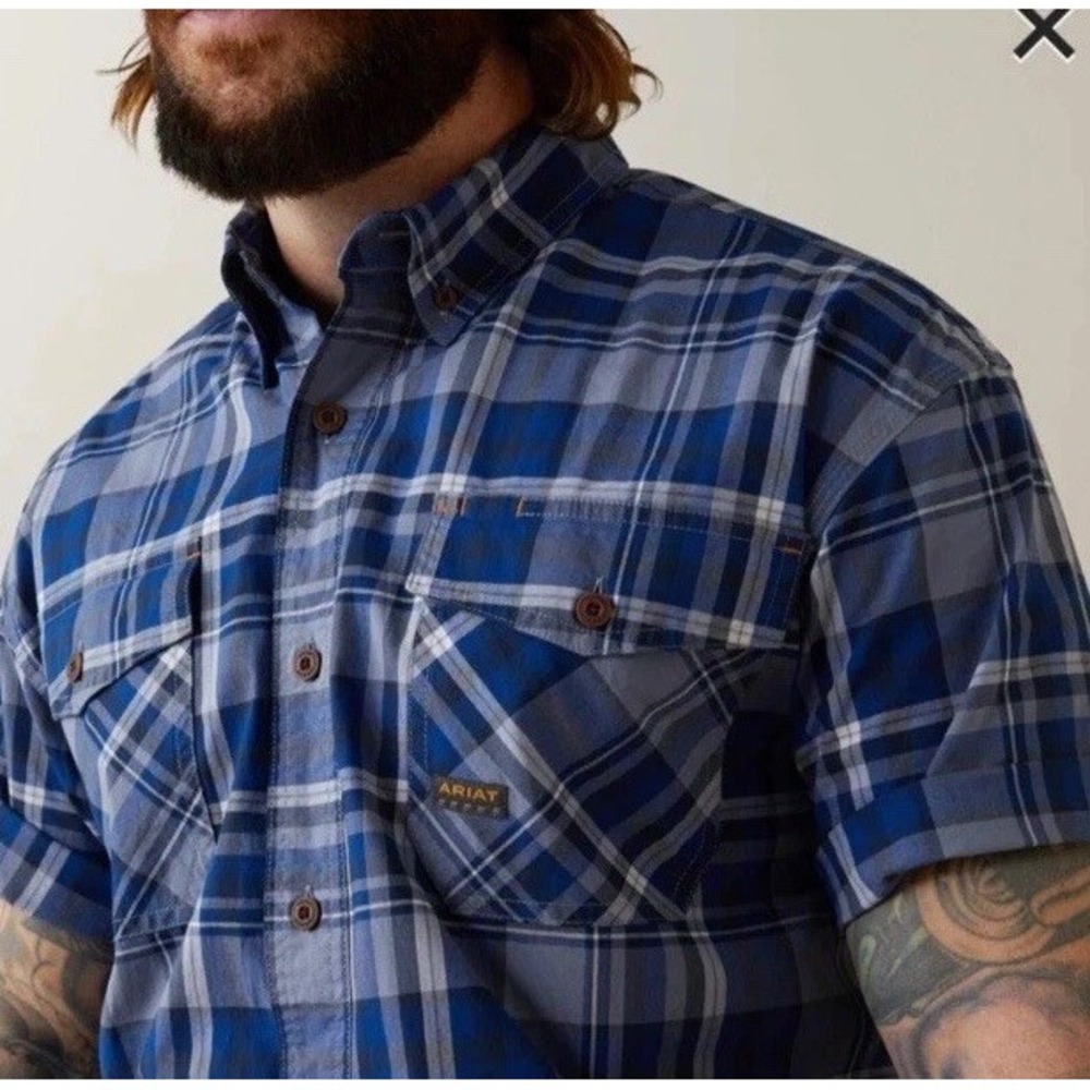 Mens Ariat Rebar Rip Stop Stonewash Blue Button Plaid Short Sleeve Sz Med